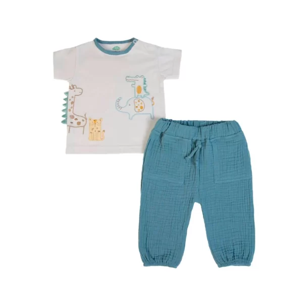 Set tricou bumbac organic & pantaloni muselină copii FS Baby - Ecru / Petrol Blue